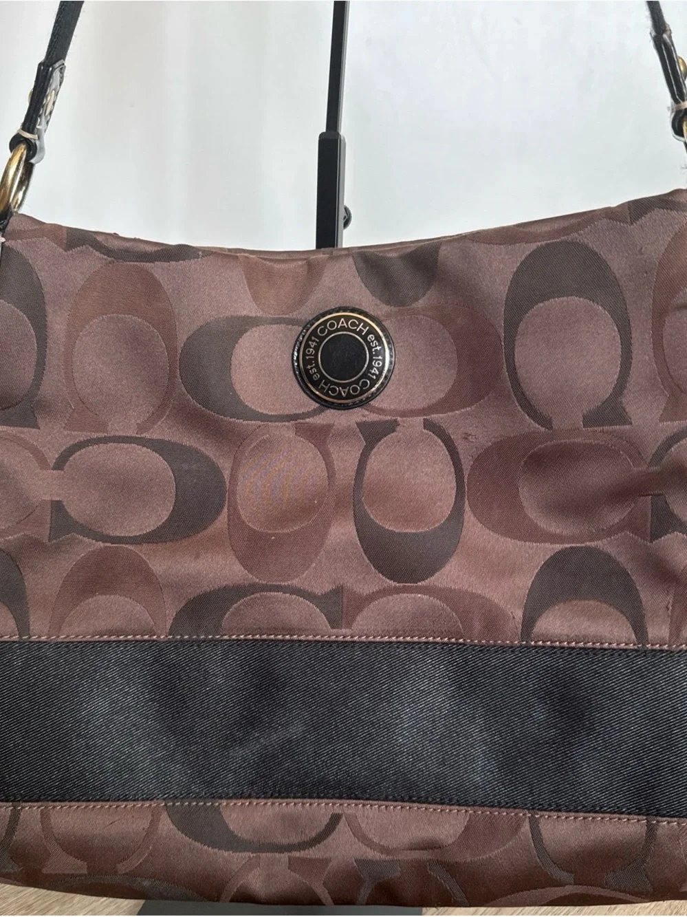 Coach Brown Signature Hobo with Black Trim and Gold-Tone Accent